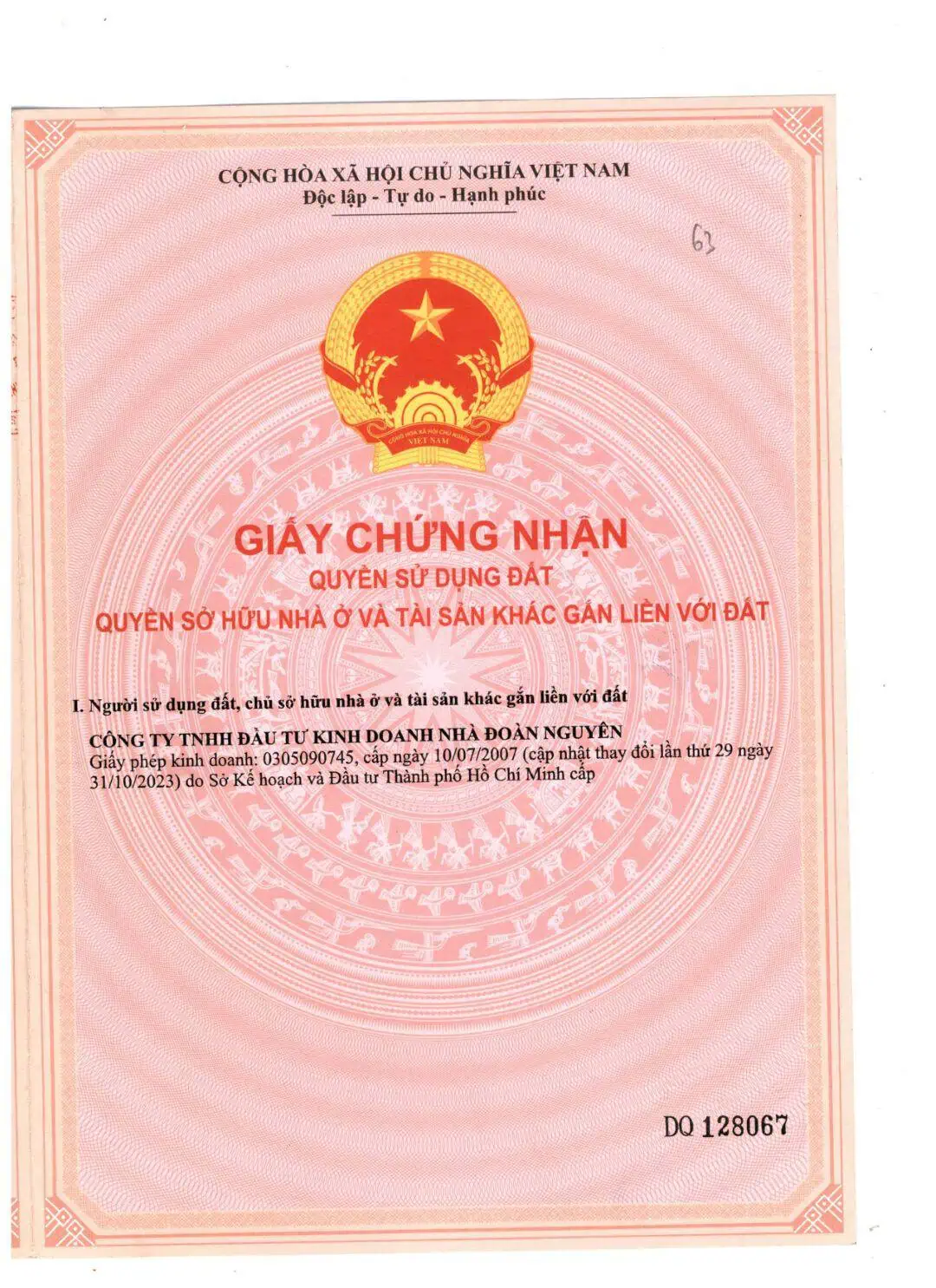 Land-use certificate, lot B1 (No. DQ 128066)