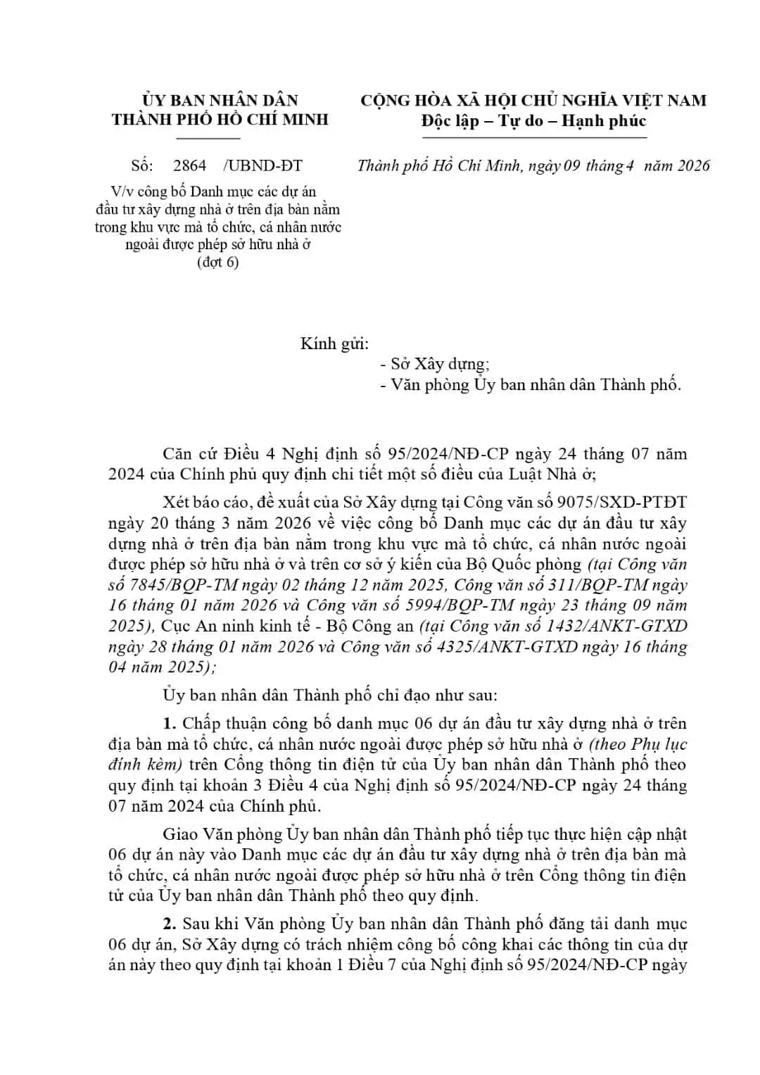 Foreign-ownership eligible-projects list — Round 6 (No. 2864/UBND-DT)