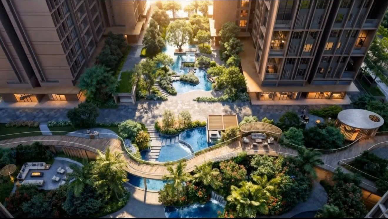 Aerial view — the Urban Hydrotherapy courtyard at the project core