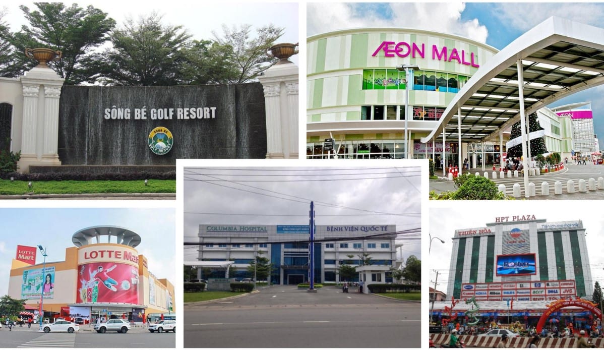 Real photos of landmarks near the project: Sông Bé Golf Resort · AEON Mall · Lotte Mart · Hạnh Phúc International Hospital · HPT Plaza