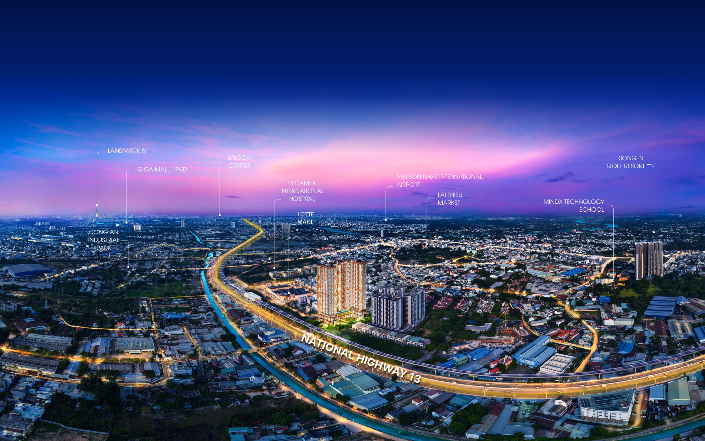 Dusk aerial of the corridor along National Highway 13 with landmarks labelled