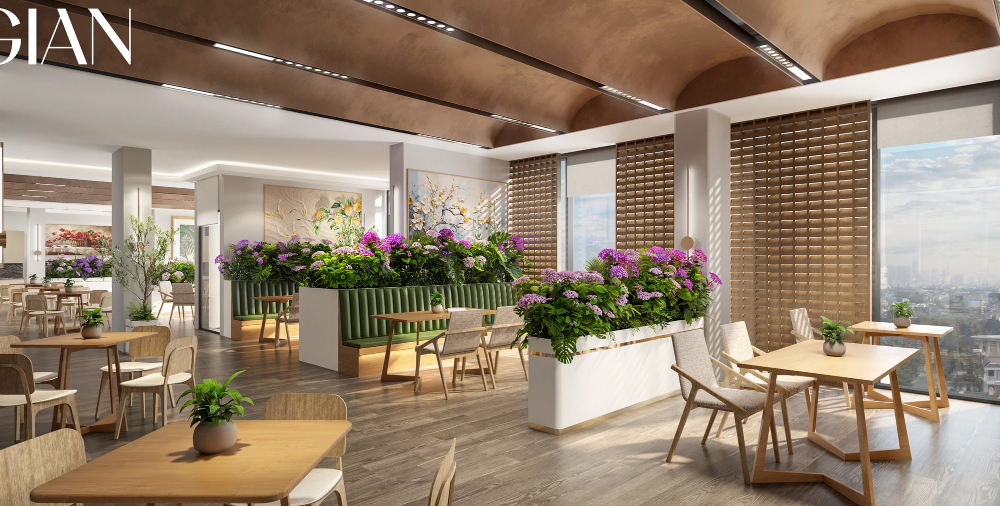 Event Hall at SkySOLIS set with tables and planting