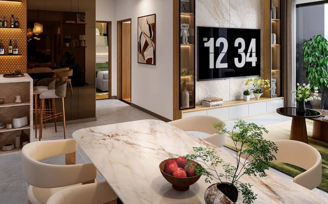 Dining and living area in a SkySOLIS apartment with a marble table and balcony greenery