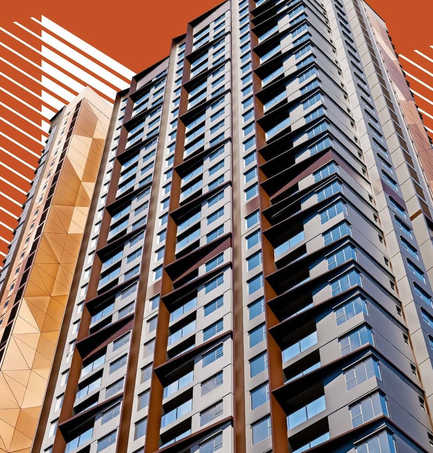 Close-up of the angular balcony shading fins on the SkySOLIS facade