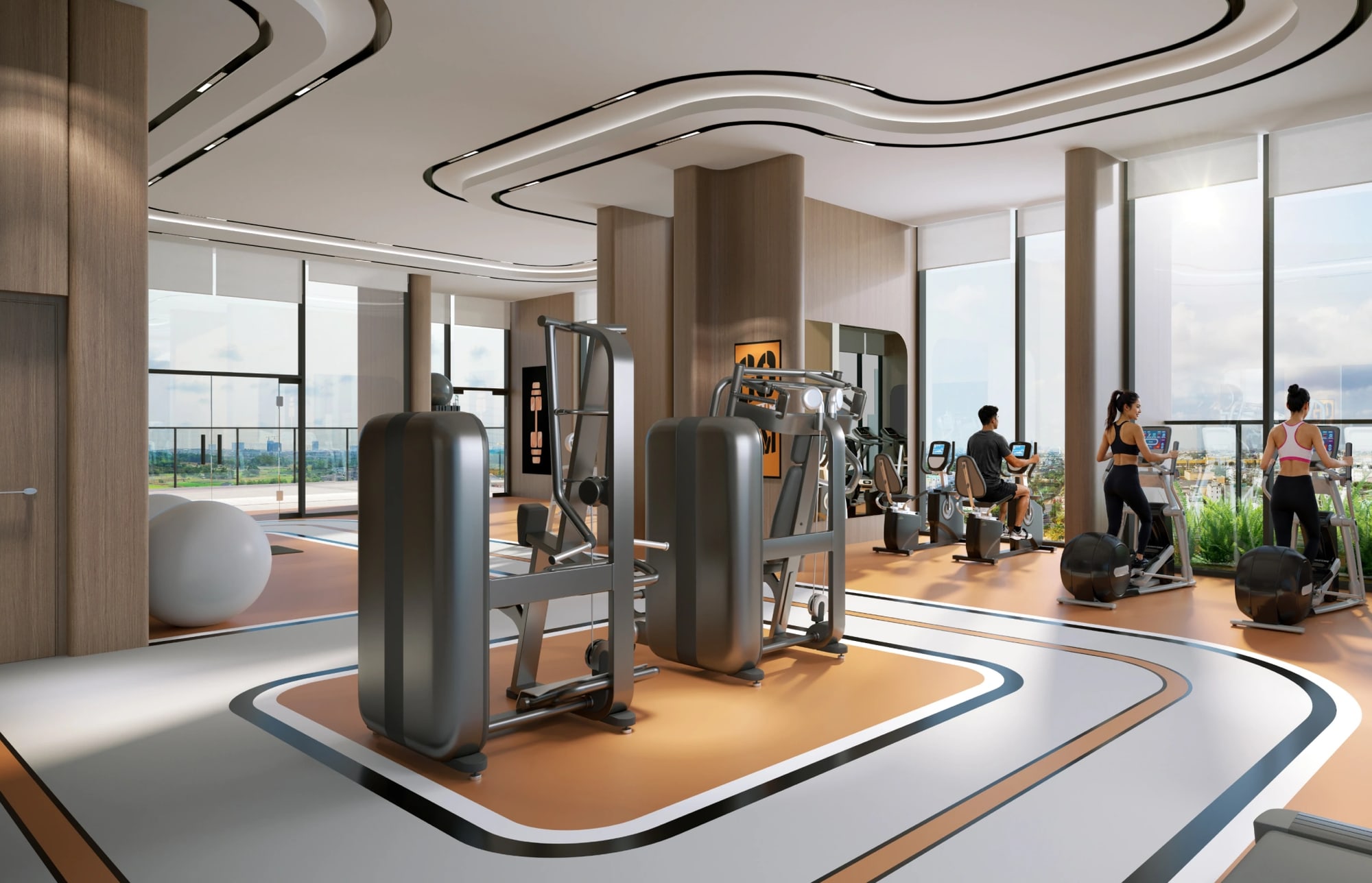 Fitness Room at SkySOLIS with full-height glazing and city views