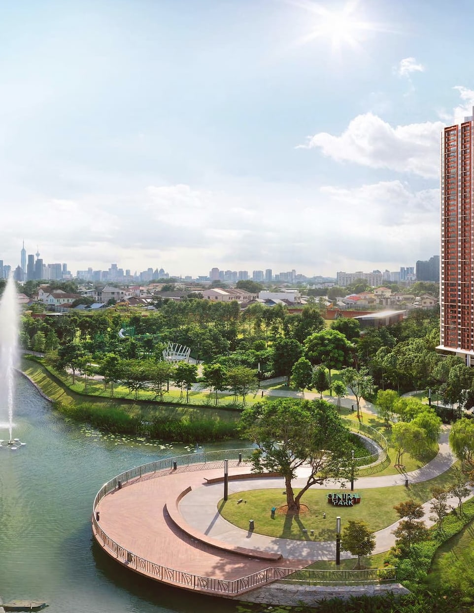 Landscape render of the lake, fountain and central park beside the SkySOLIS tower