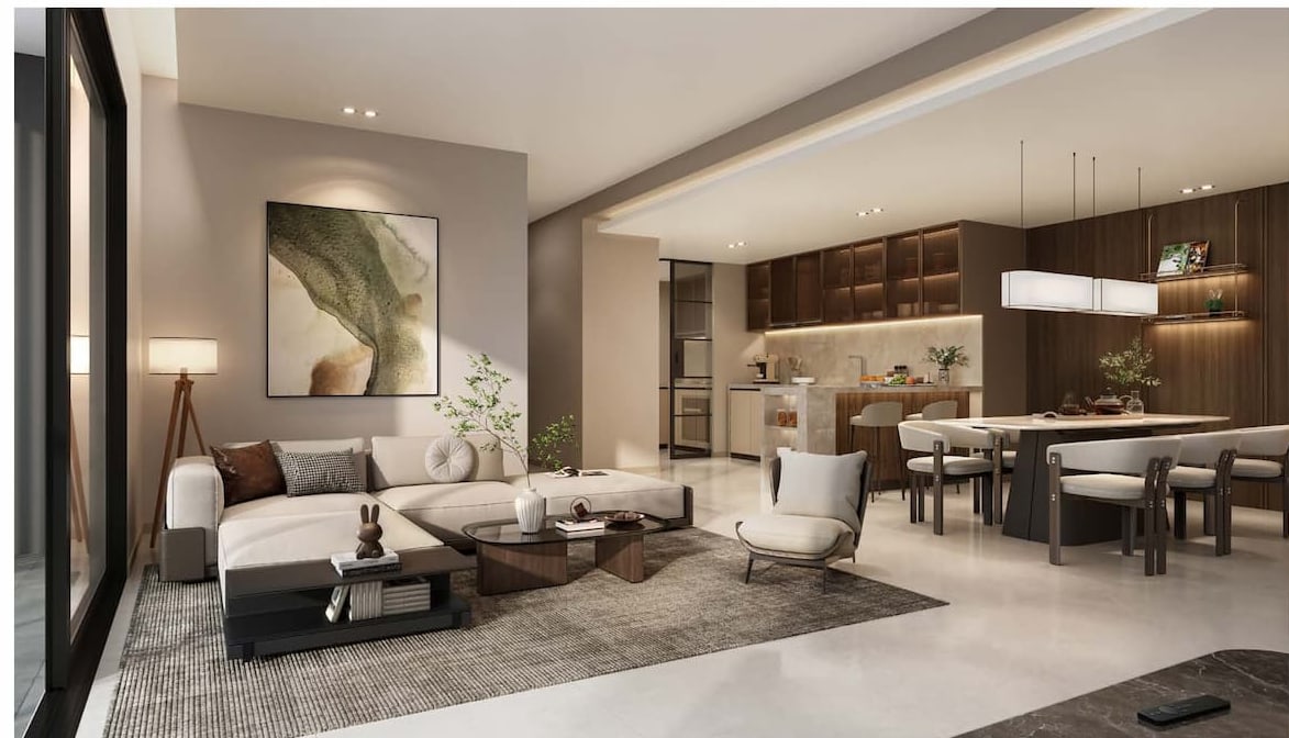 Open-plan living, dining and kitchen in a SkySOLIS apartment