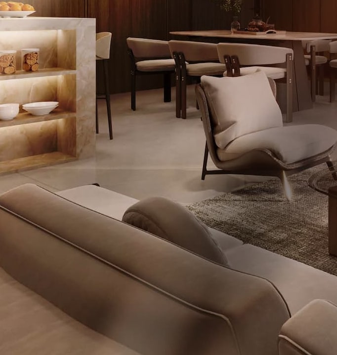 SkySOLIS living room with a curved sofa and backlit joinery