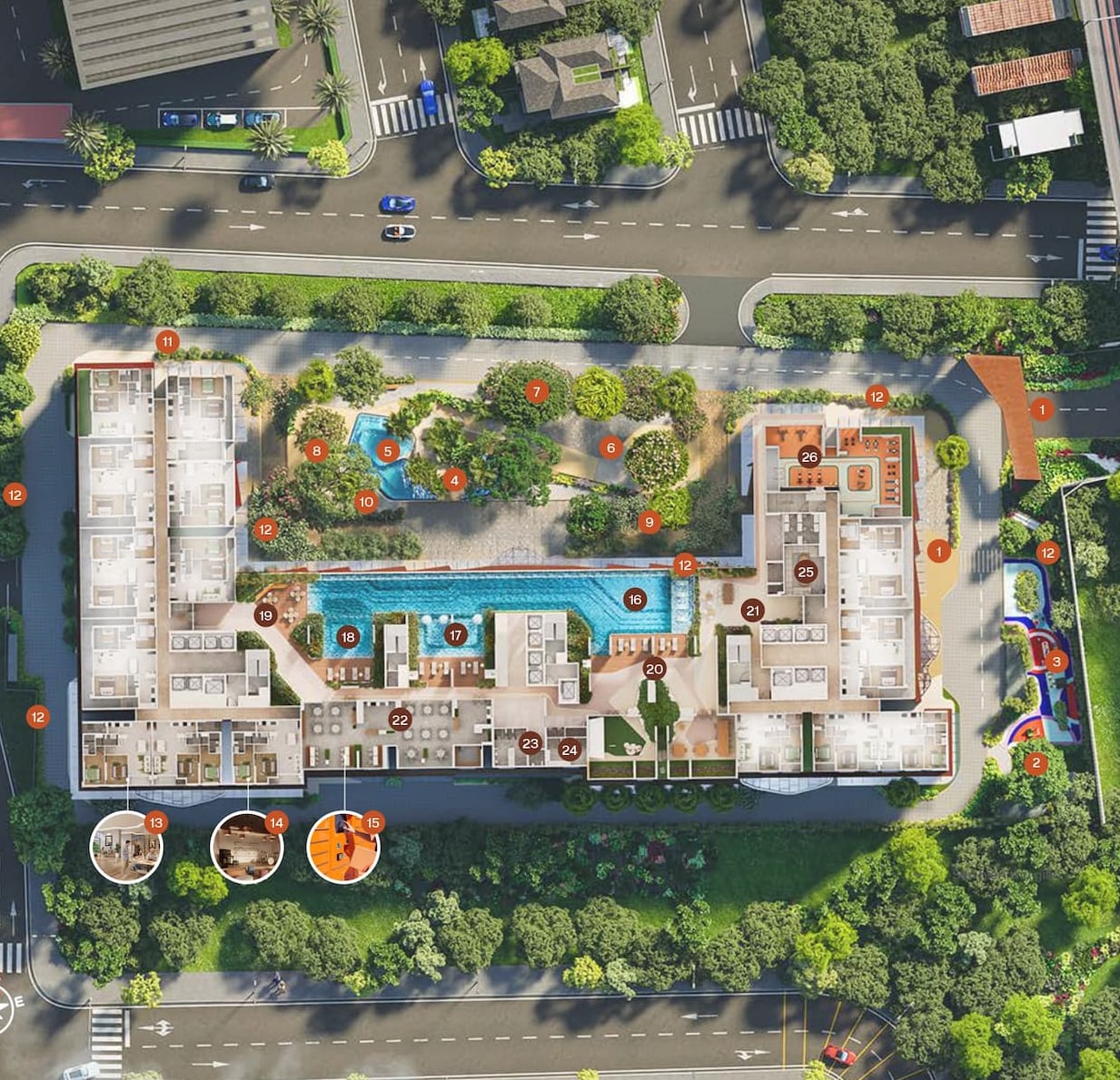 Top-down render of the SkySOLIS podium amenity deck showing the lagoon pool and gardens