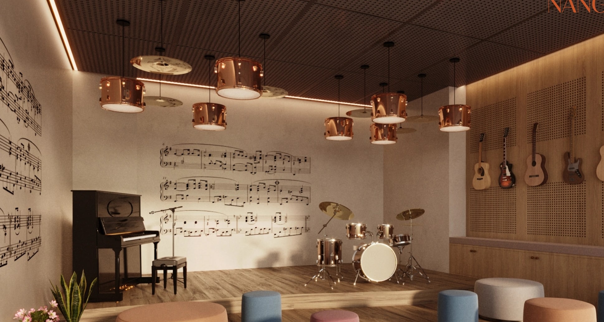 Music Room at SkySOLIS with a piano, drum kit and guitars