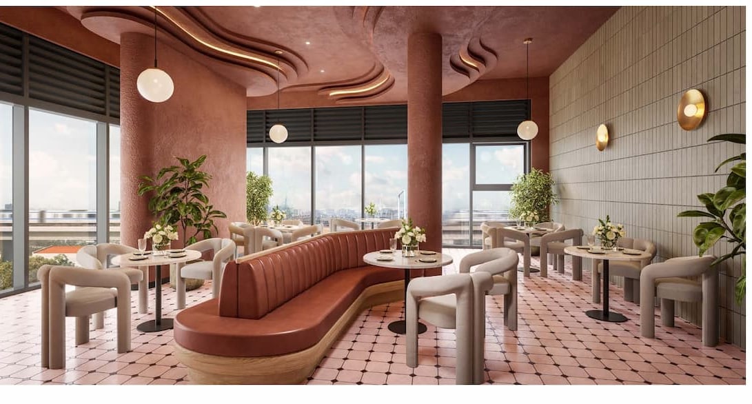Shophouse cafe interior at SkySOLIS with a terracotta wave ceiling