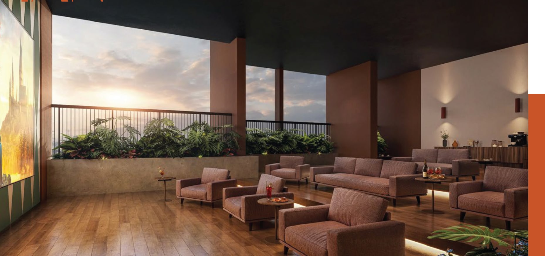 SkySOLIS Sky Lounge interior at sunset with planted terrace edge