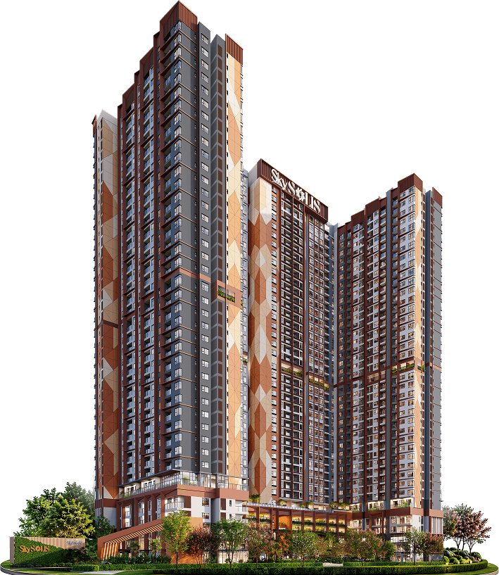 The SkySOLIS towers, cut out against the page