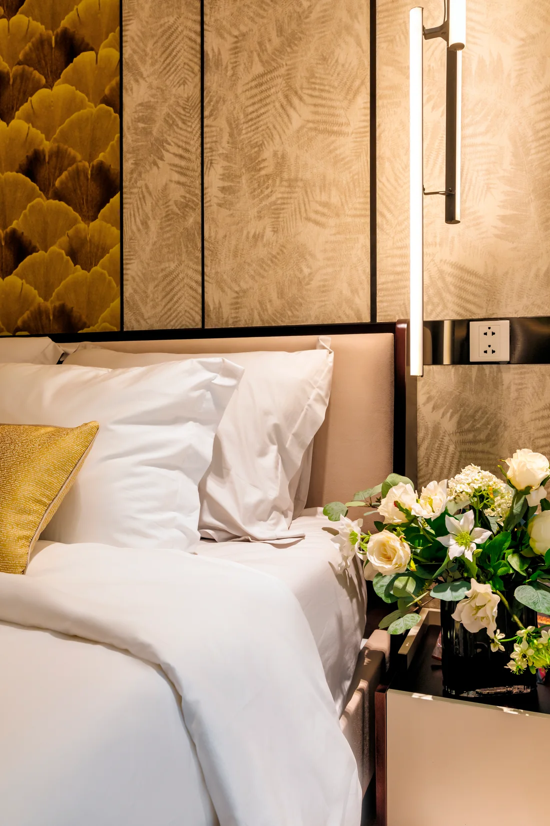 Master bed · gold quilted headboard
